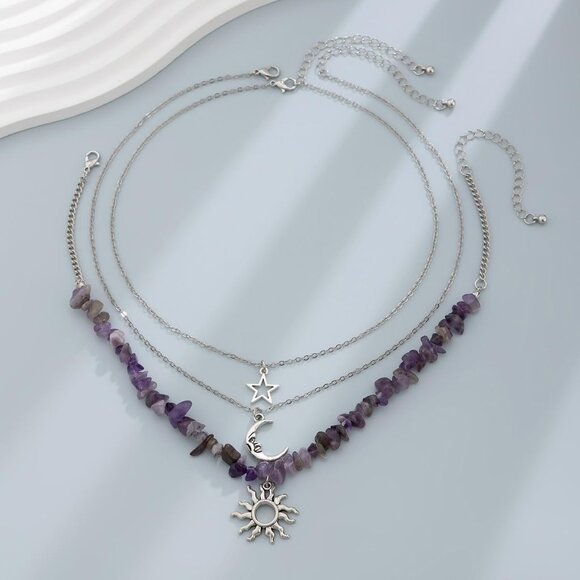 Adjustable Silver Layered Gothic Necklace with Sun and Moon - Perfect for Gifts - Picture 3 of 4